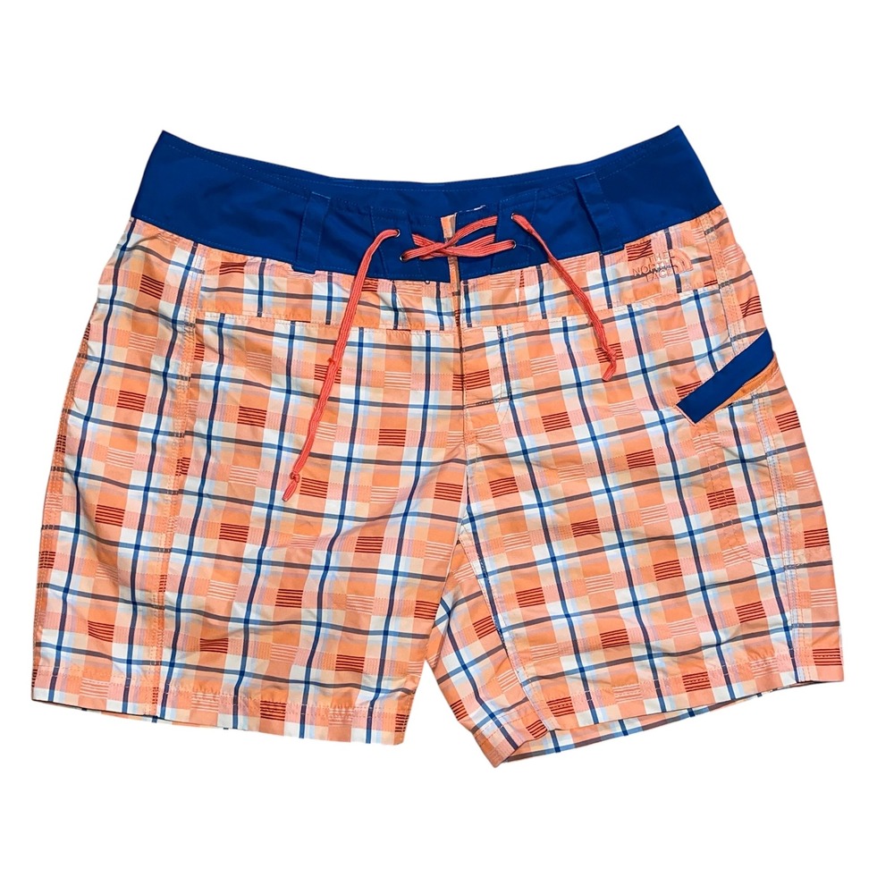 The North Face Women Orange Blue Plaid Board Shorts Swim Trunks Size 8